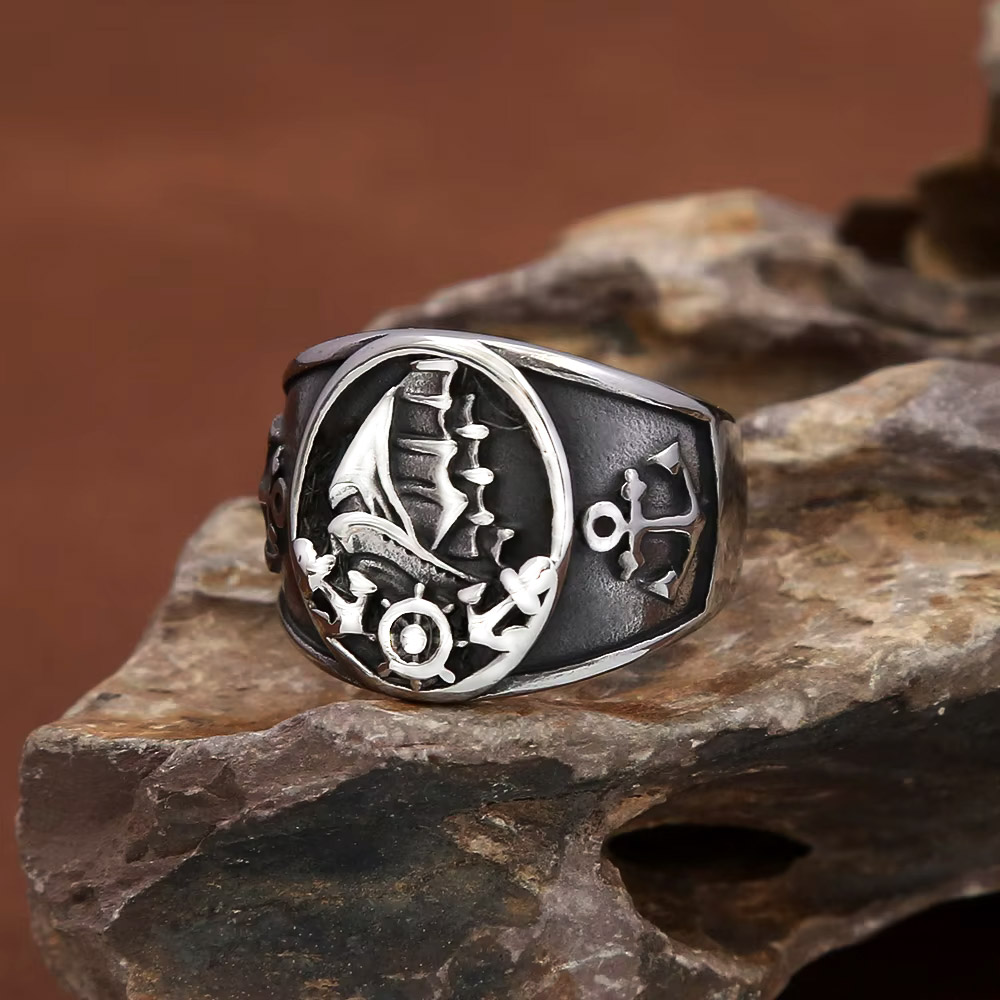 Mens Signet Ring - Vintage nautische Noordse zeilboot piraat signet